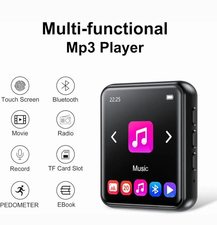 پخش کننده فیلم و موسیقی Mp3 و تصویری برند Jolike ,گیگابایتی32 بلوتوث 5.0 صفحه نمایش تمام لمسی صفحه نمایش رنگی Mini MP3 Player، پخش کننده موسیقی بدون افت HiFi با بلندگو، رادیو FM، ضبط، پشتیبانی تا 128 گیگابایت (مشکی)، M5-32GB