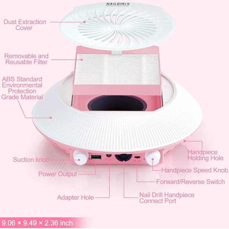 دستگاه مانیکور پدیکور فوق حرفه ای 80 واتی 35000rpm برند NAILGIRLS ، همراه با فن مکش گرد و غبار ناخن هنگام سوهان