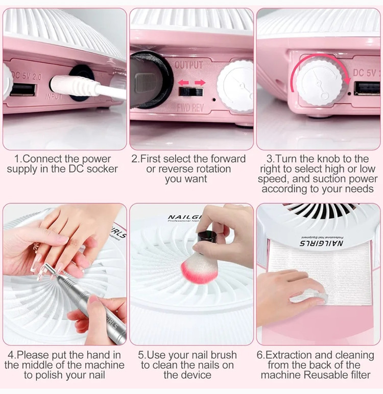دستگاه مانیکور پدیکور فوق حرفه ای 80 واتی 35000rpm برند NAILGIRLS ، همراه با فن مکش گرد و غبار ناخن هنگام سوهان