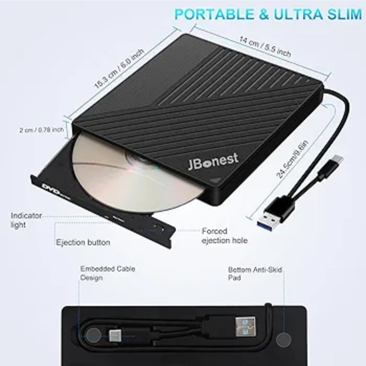درایو DVD اکسترنال usb3 برند JBONEST همراه با دو پورت usb یک پورت type A , و مموری ریدر