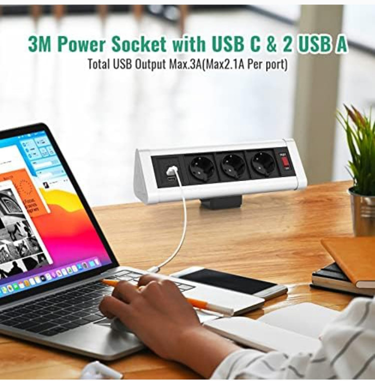 سه راهی برق آلومینیومی گیره دار دارای دوپورت usb و یک پورت type c