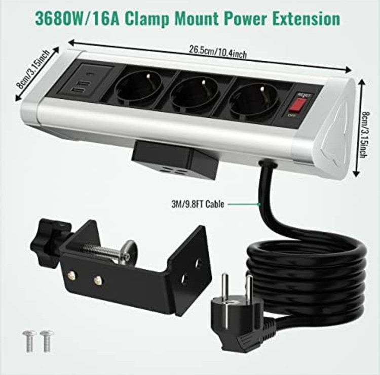 سه راهی برق آلومینیومی گیره دار دارای دوپورت usb و یک پورت type c
