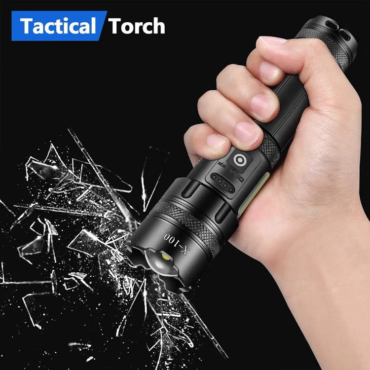 چراغ قوه شارژی تاکتیکی ضد آب با قدرت نوری 5000 لومنی با یک پورت usb برای استفاده به عنوان پاور بانک با باتری 6000 میلی آمپری برند Jayxinli مخصوص کمپینگ و کوهنوردی