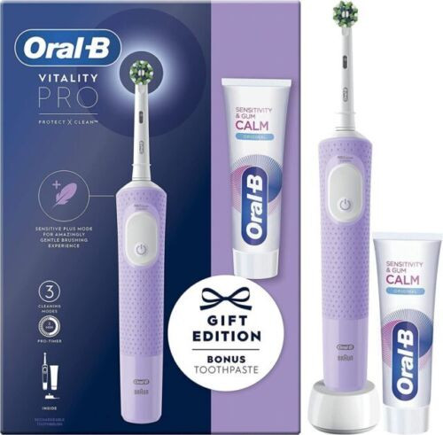 مسواک برقی اورال-بی اورجینال مدل Vitality PRO protect x clean همراه با یک خمیر دندان اورجینال OralB برای لثه های حساس