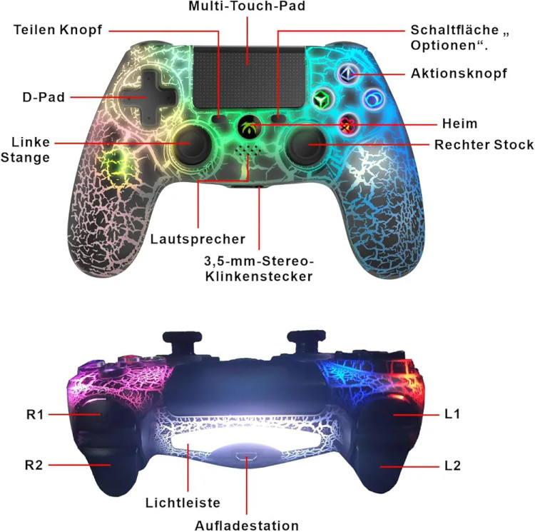 دسته بازی RGB بی سیم DYONDER برای PS4,لب تاب،تب لت،موبایل گیم پد کنترل از راه دور بی سیم،با طراحی منحصر به فرد ترک خورده،لرزش دوگانه،سنسور حرکت 6 محوره،عملکرد صوتی،کنترلر بازی به طور گستره با PS/PC/IOS سازگار است