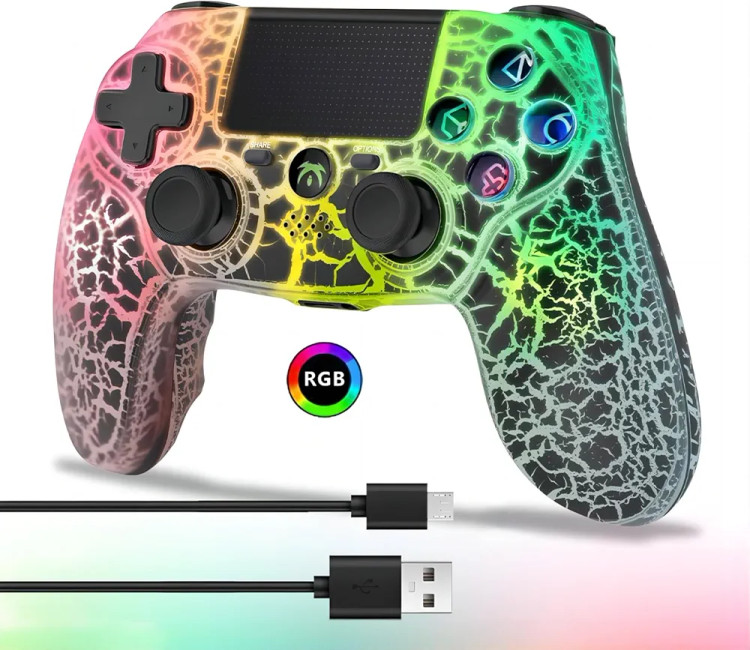 دسته بازی RGB بی سیم DYONDER برای PS4,لب تاب،تب لت،موبایل گیم پد کنترل از راه دور بی سیم،با طراحی منحصر به فرد ترک خورده،لرزش دوگانه،سنسور حرکت 6 محوره،عملکرد صوتی،کنترلر بازی به طور گستره با PS/PC/IOS سازگار است