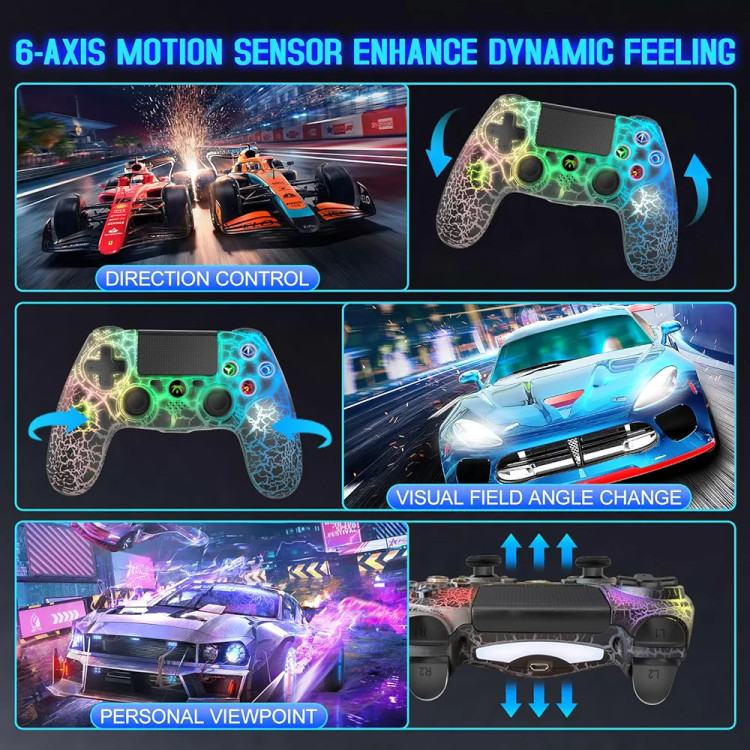 دسته بازی RGB بی سیم DYONDER برای PS4,لب تاب،تب لت،موبایل گیم پد کنترل از راه دور بی سیم،با طراحی منحصر به فرد ترک خورده،لرزش دوگانه،سنسور حرکت 6 محوره،عملکرد صوتی،کنترلر بازی به طور گستره با PS/PC/IOS سازگار است