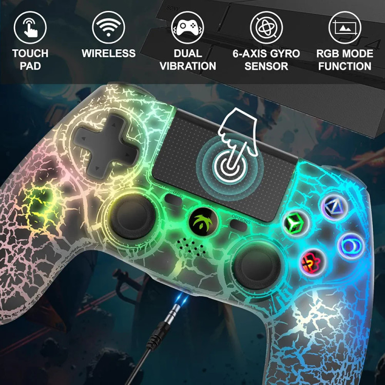 دسته بازی RGB بی سیم DYONDER برای PS4,لب تاب،تب لت،موبایل گیم پد کنترل از راه دور بی سیم،با طراحی منحصر به فرد ترک خورده،لرزش دوگانه،سنسور حرکت 6 محوره،عملکرد صوتی،کنترلر بازی به طور گستره با PS/PC/IOS سازگار است