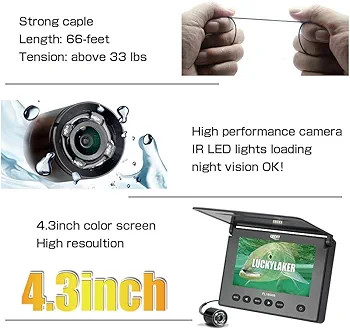 دوربین ماهیگیری زیر آب مانیتور دار با صفحه نمایش 4.3 اینچی با کیفیت فیلم برداری HD با زاویه دید 120 درجه و باتری 4000 میلی آمپری،نصب آسان دوربین روی قلاب برندLUCKYLAKER
