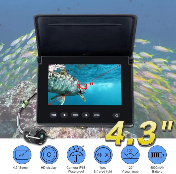 دوربین ماهیگیری زیر آب مانیتور دار با صفحه نمایش 4.3 اینچی با کیفیت فیلم برداری HD با زاویه دید 120 درجه و باتری 4000 میلی آمپری،نصب آسان دوربین روی قلاب برندLUCKYLAKER