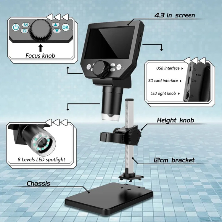 میکروسکوپ دیجیتال 10MP با کیفیت 1080p با بزرگنمایی 1000 برابر ودارای صفحه نمایش 5.5 اینچی با قابلیت ضبط تصاویر روی فلش مموری(بار آمازون)