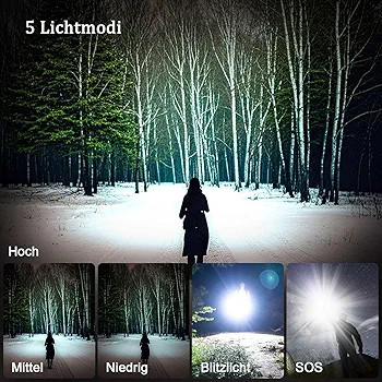 چراغ قوه LED جکسینلی، 5000 لومن، چراغ قوه با روشنایی بالا، قابل شارژ از طریق USB، چراغ قوی با ۵ حالت نوری، مناسب برای کمپینگ، موقعیتهای اضطراری و دویدن با سگ.