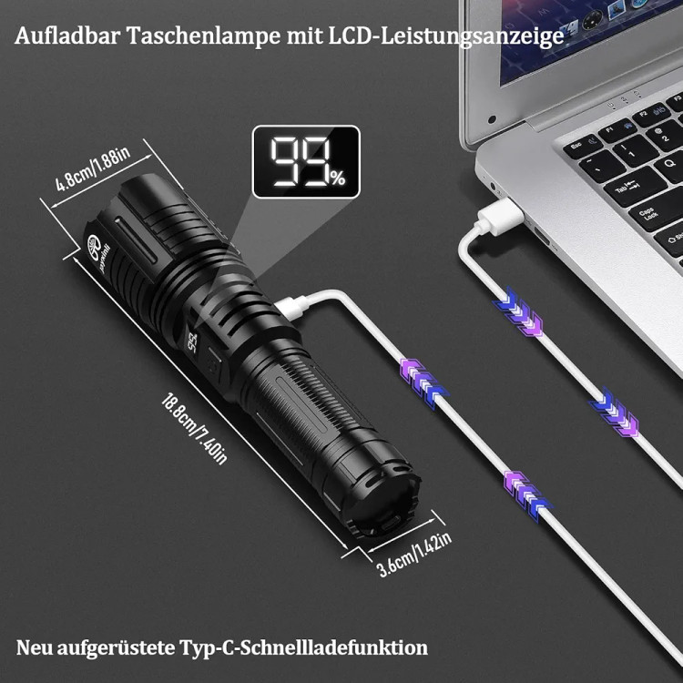 چراغ قوه LED جکسینلی، 5000 لومن، چراغ قوه با روشنایی بالا، قابل شارژ از طریق USB، چراغ قوی با ۵ حالت نوری، مناسب برای کمپینگ، موقعیتهای اضطراری و دویدن با سگ.