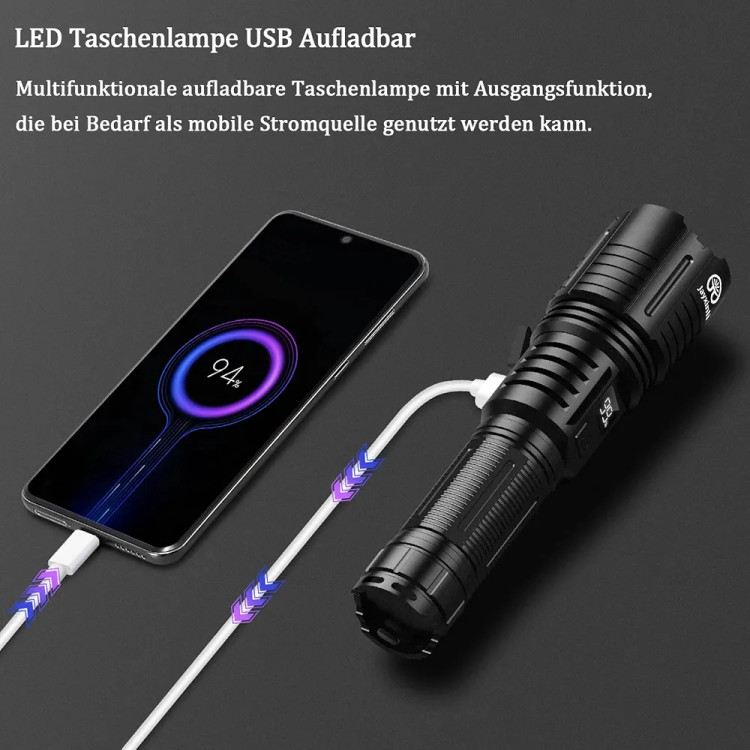 چراغ قوه LED جکسینلی، 5000 لومن، چراغ قوه با روشنایی بالا، قابل شارژ از طریق USB، چراغ قوی با ۵ حالت نوری، مناسب برای کمپینگ، موقعیتهای اضطراری و دویدن با سگ.
