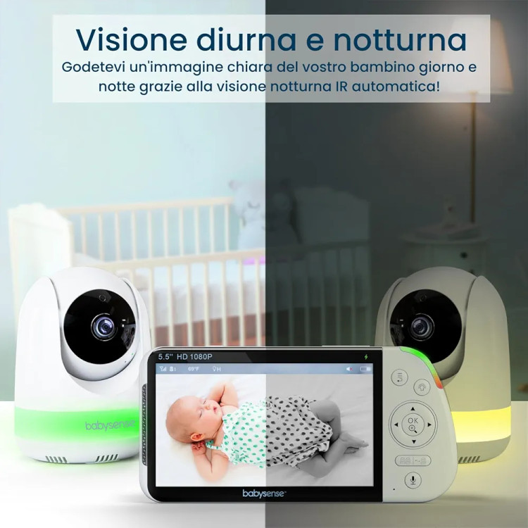 دوربین نظارت اتاق کودک با دو دوربین و یک صفحه نمایش 5.5 اینچی ،با کیفیت FHD,کانال صدای دو طرفه و نور RGB برند Babysense مدل Maxview با بزرگنمایی 4x ,با ظرفیت 5000 میلی آمپر،دارای چراغ خواب