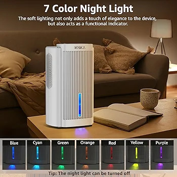 رطوبت گیر خانگی RGB با مخزن آب 95 OZ، (1000 فوت مربع) رطوبت گیر بی صدا برای زیرزمین، حمام، RV، کمد، اتاق خواب با خاموش شدن خودکار، حالت خواب، چراغ LED 7 رنگ، رطوبت گیر برای خانه برند KNKA (سفید)