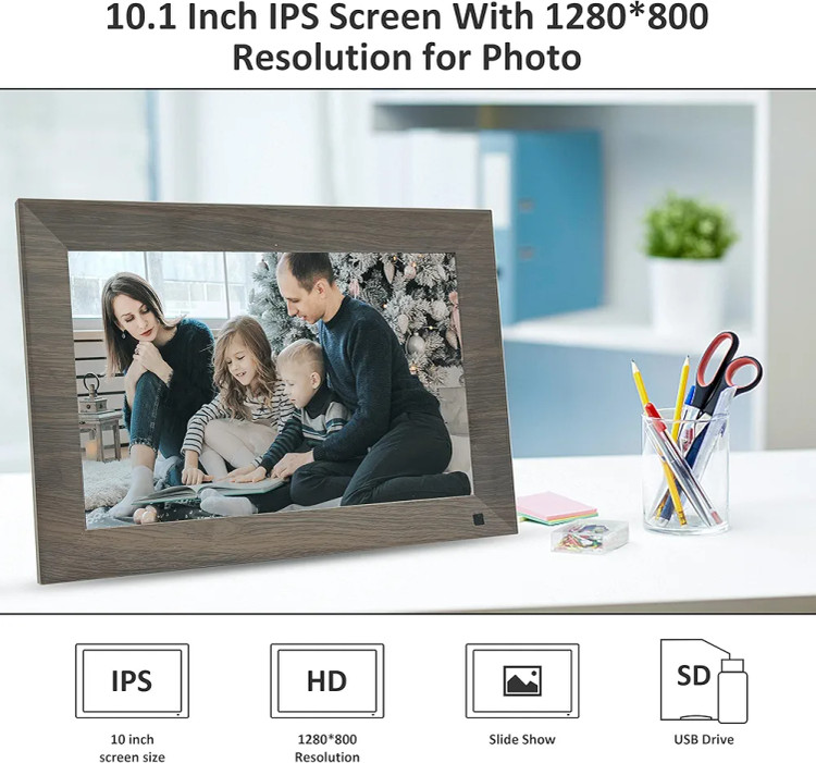 قاب عکس دیجیتال لمسی قابل اتصال به موبایل برند GIONAR، صفحه نمایش لمسی 10 اینچی IPS، پایه مغناطیسی، حافظه 16 گیگابایتی، سنسور حرکت، چرخش خودکار، اشتراکگذاری عکسها و ویدیوها از طریق برنامه