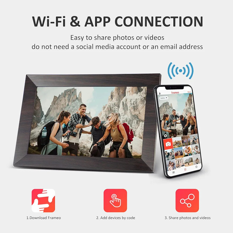 قاب عکس دیجیتال لمسی قابل اتصال به موبایل برند GIONAR، صفحه نمایش لمسی 10 اینچی IPS، پایه مغناطیسی، حافظه 16 گیگابایتی، سنسور حرکت، چرخش خودکار، اشتراکگذاری عکسها و ویدیوها از طریق برنامه