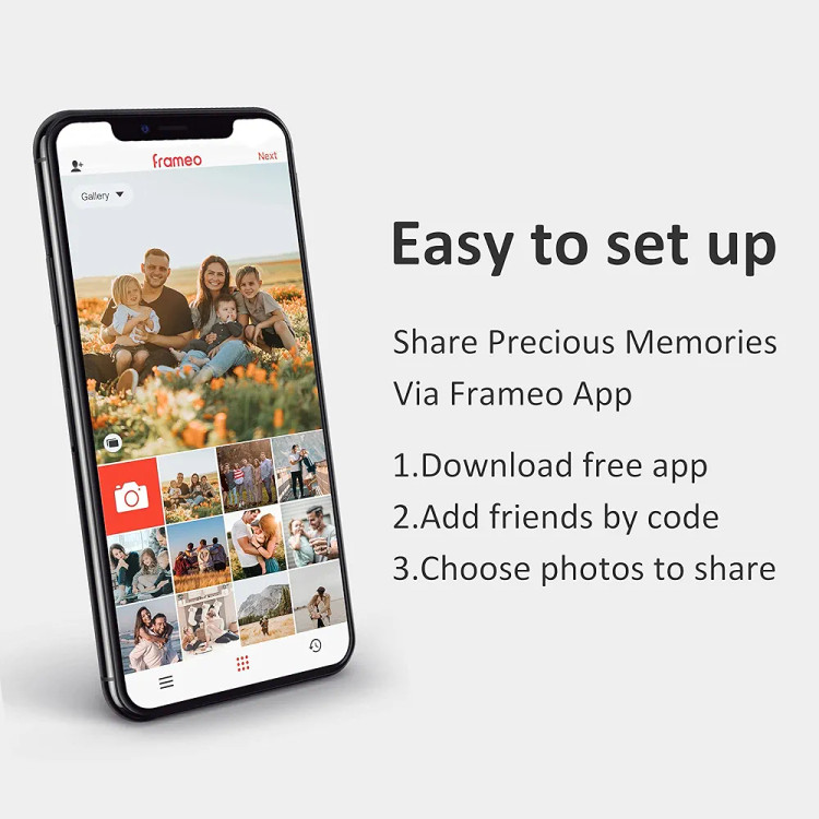 قاب عکس دیجیتال لمسی قابل اتصال به موبایل برند GIONAR، صفحه نمایش لمسی 10 اینچی IPS، پایه مغناطیسی، حافظه 16 گیگابایتی، سنسور حرکت، چرخش خودکار، اشتراکگذاری عکسها و ویدیوها از طریق برنامه