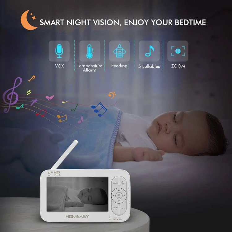 دوربین نظارتی اتاق کودک،با صفحه نمایش 5 اینچی و کیفیت HD,چرخش 360 درجه دوربین،کانال صدای دو طرفه،دید در شب با بزرگنمایی 2 برابر با برد 150 متری و باتری 2500 میلی آمپری برند homeeasy