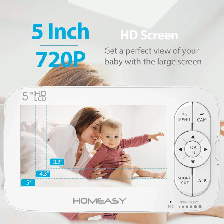 دوربین نظارتی اتاق کودک،با صفحه نمایش 5 اینچی و کیفیت HD,چرخش 360 درجه دوربین،کانال صدای دو طرفه،دید در شب با بزرگنمایی 2 برابر با برد 150 متری و باتری 2500 میلی آمپری برند homeeasy