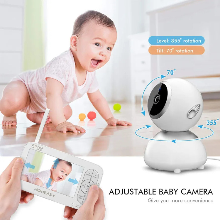 دوربین نظارتی اتاق کودک،با صفحه نمایش 5 اینچی و کیفیت HD,چرخش 360 درجه دوربین،کانال صدای دو طرفه،دید در شب با بزرگنمایی 2 برابر با برد 150 متری و باتری 2500 میلی آمپری برند homeeasy
