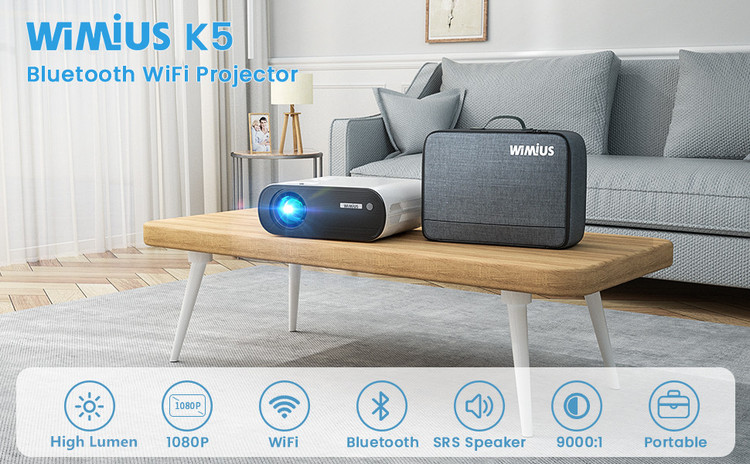 ویدیو پروژکتور برند WiMiUS مدل K5,قابل حمل،دارای کیف مخصوص،قابل اتصال با وای فای به موبایل،قابل اتصال به USB و HDMI
