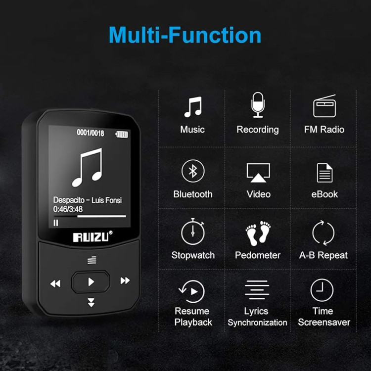 پخش کننده موزیک،mp3,mp4 پلیر کوچک گیره دار،با حافظه داخلی 8 گیگابایت و ساپورت 128 گیگابایت SdCard برند RUIZU مدل X52