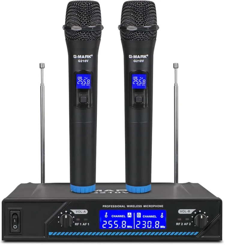میکروفون وایرلس حرفه ای با دو میکروفون سیم بدون سیم VHF،برای آواز خوانی،روضه خوانی،عروسی ها و مراسمات با برد 200 فوت برند G-MARK مدل G210V