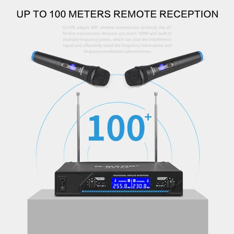 میکروفون وایرلس حرفه ای با دو میکروفون سیم بدون سیم VHF،برای آواز خوانی،روضه خوانی،عروسی ها و مراسمات با برد 200 فوت برند G-MARK مدل G210V