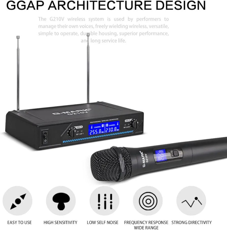 میکروفون وایرلس حرفه ای با دو میکروفون سیم بدون سیم VHF،برای آواز خوانی،روضه خوانی،عروسی ها و مراسمات با برد 200 فوت برند G-MARK مدل G210V