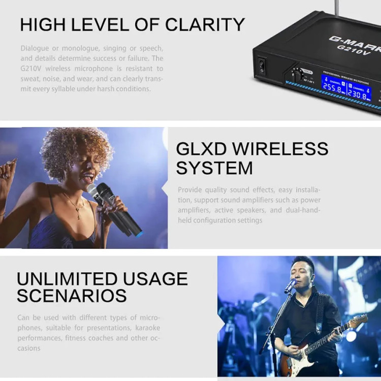 میکروفون وایرلس حرفه ای با دو میکروفون سیم بدون سیم VHF،برای آواز خوانی،روضه خوانی،عروسی ها و مراسمات با برد 200 فوت برند G-MARK مدل G210V