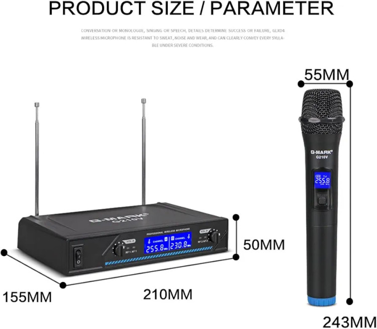 میکروفون وایرلس حرفه ای با دو میکروفون سیم بدون سیم VHF،برای آواز خوانی،روضه خوانی،عروسی ها و مراسمات با برد 200 فوت برند G-MARK مدل G210V