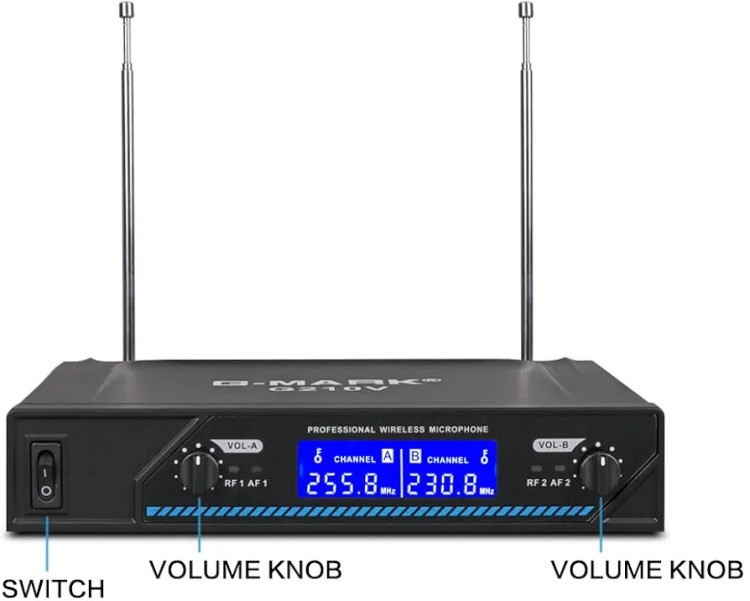 میکروفون وایرلس حرفه ای با دو میکروفون سیم بدون سیم VHF،برای آواز خوانی،روضه خوانی،عروسی ها و مراسمات با برد 200 فوت برند G-MARK مدل G210V