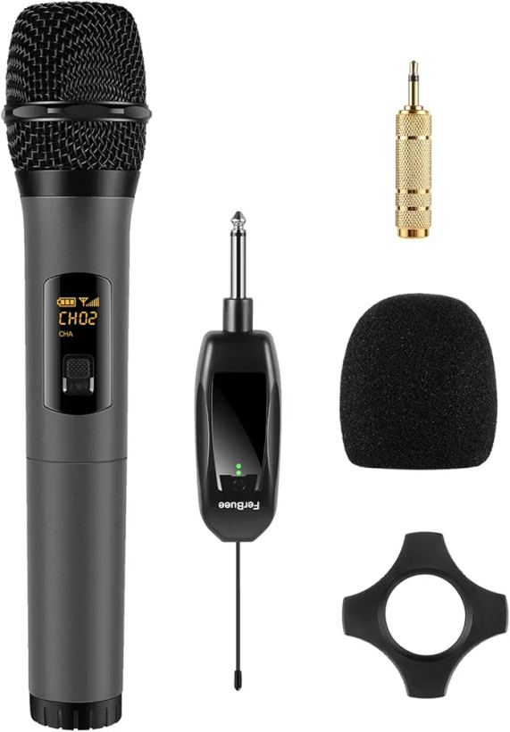 میکروفون وایرلس ،دارای دوعدد میکروفون و یک گیرنده ،مناسب برای جشن ها و مراسم ها،آوازخوانی و روضه خوانی،با برد 100 فوت برند FerBuee