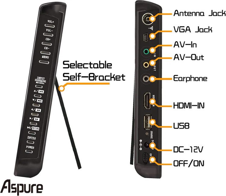 تلویزیون گیرنده دیجیتال شارژی ۱۰ اینچی دارای پورت های Usb,Hdmi,VGA,AV و قابلیت اتصال به اسپیکر و هدفون دارای کنترل،برند Aspure مدل D10