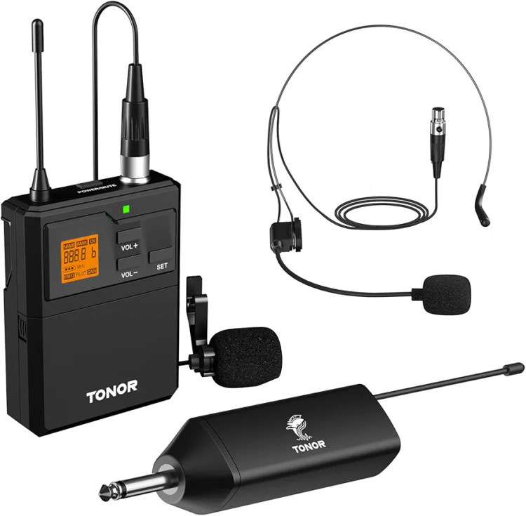 سیستم میکروفون بیسیم TONOR UHF با میکروفن هدست / میکروفون برگردان Lavalier، فرستنده بادی پک، گیرنده قابل شارژ، 15 کانال 200 فوت برد 1/4 اینچ خروجی