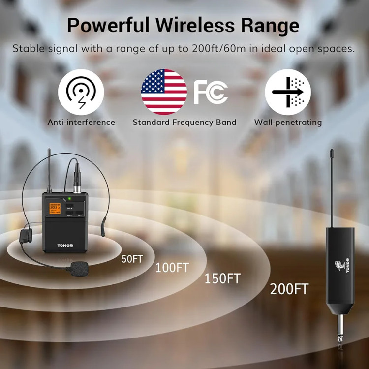 سیستم میکروفون بیسیم TONOR UHF با میکروفن هدست / میکروفون برگردان Lavalier، فرستنده بادی پک، گیرنده قابل شارژ، 15 کانال 200 فوت برد 1/4 اینچ خروجی