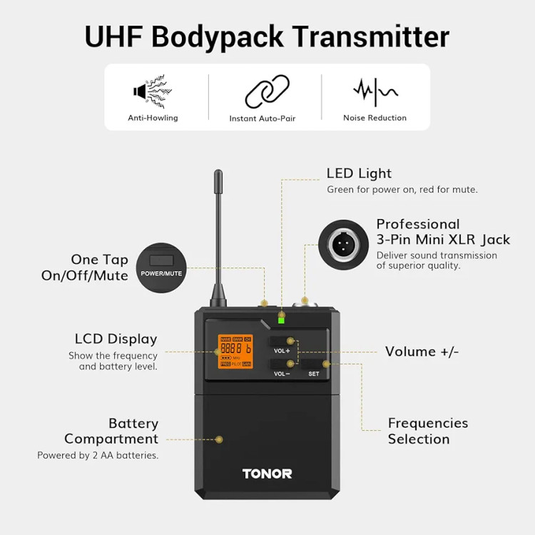 سیستم میکروفون بیسیم TONOR UHF با میکروفن هدست / میکروفون برگردان Lavalier، فرستنده بادی پک، گیرنده قابل شارژ، 15 کانال 200 فوت برد 1/4 اینچ خروجی
