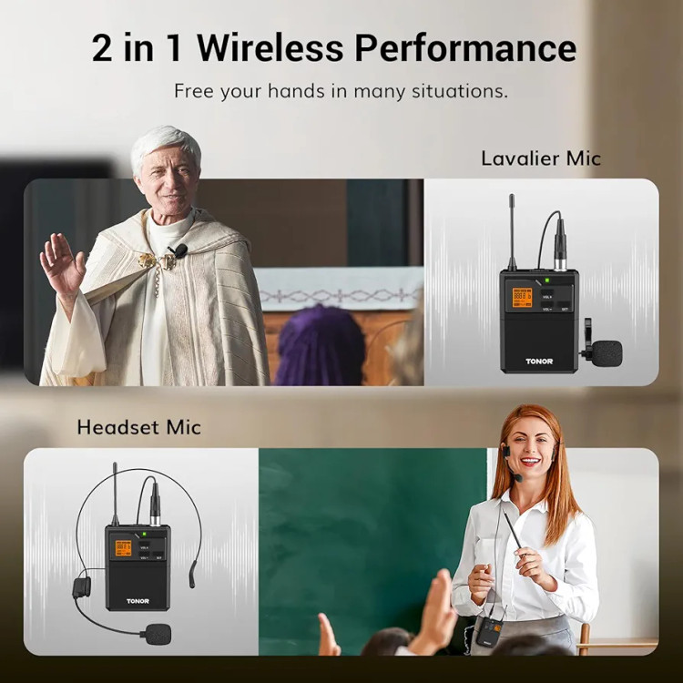 سیستم میکروفون بیسیم TONOR UHF با میکروفن هدست / میکروفون برگردان Lavalier، فرستنده بادی پک، گیرنده قابل شارژ، 15 کانال 200 فوت برد 1/4 اینچ خروجی