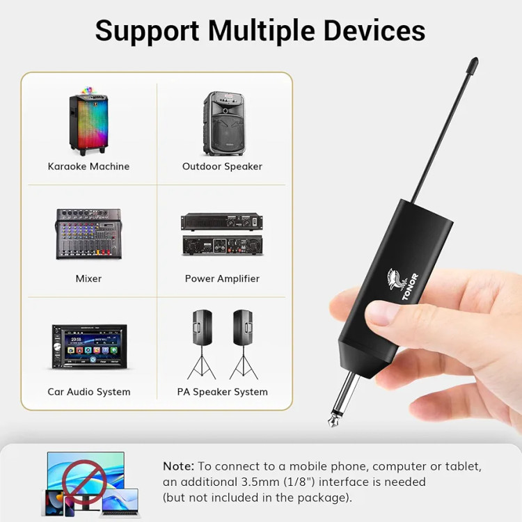سیستم میکروفون بیسیم TONOR UHF با میکروفن هدست / میکروفون برگردان Lavalier، فرستنده بادی پک، گیرنده قابل شارژ، 15 کانال 200 فوت برد 1/4 اینچ خروجی