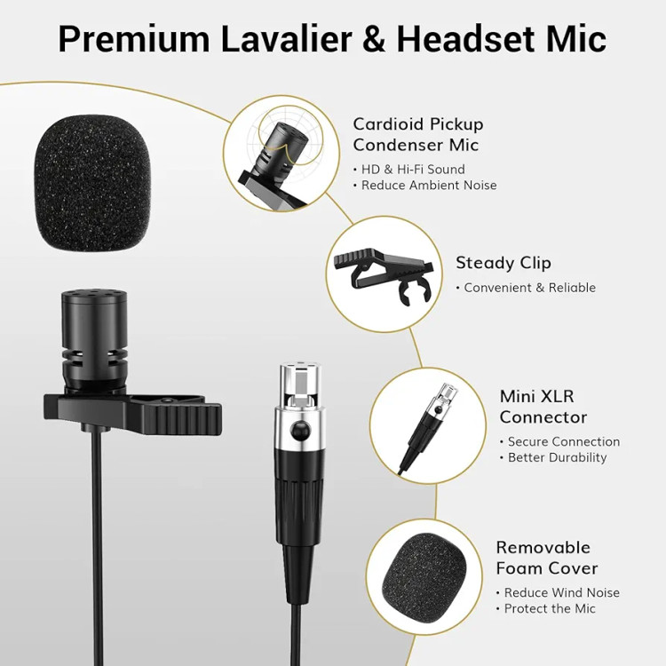 سیستم میکروفون بیسیم TONOR UHF با میکروفن هدست / میکروفون برگردان Lavalier، فرستنده بادی پک، گیرنده قابل شارژ، 15 کانال 200 فوت برد 1/4 اینچ خروجی
