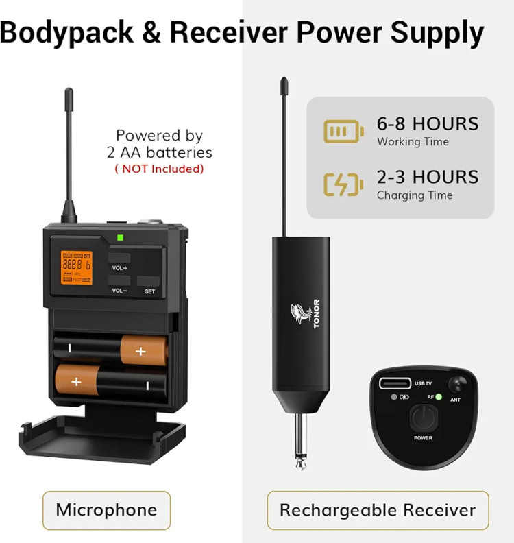 سیستم میکروفون بیسیم TONOR UHF با میکروفن هدست / میکروفون برگردان Lavalier، فرستنده بادی پک، گیرنده قابل شارژ، 15 کانال 200 فوت برد 1/4 اینچ خروجی