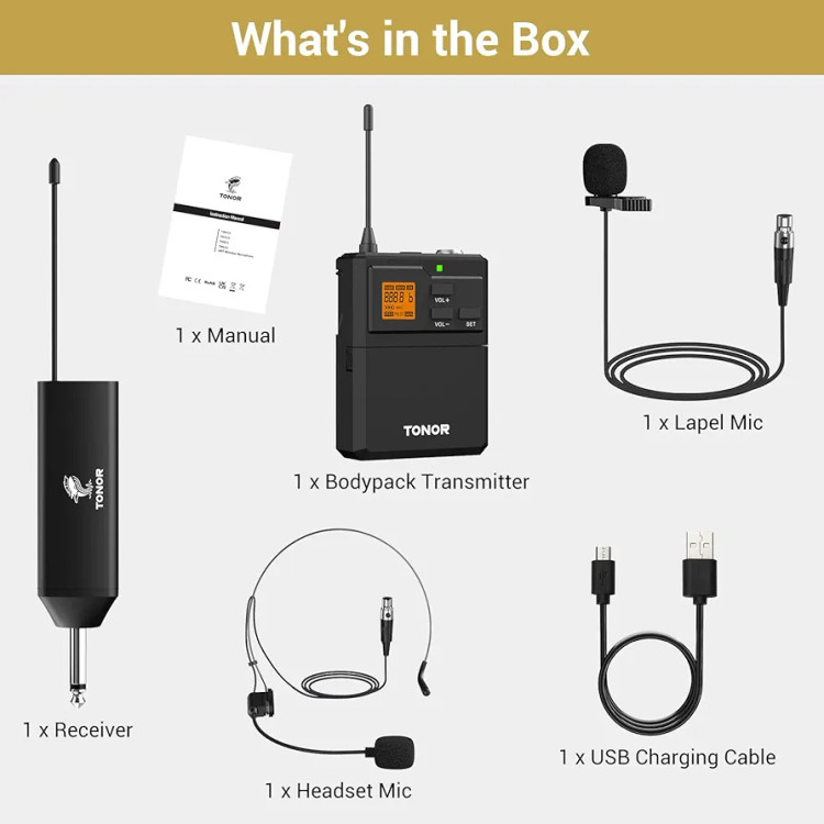 سیستم میکروفون بیسیم TONOR UHF با میکروفن هدست / میکروفون برگردان Lavalier، فرستنده بادی پک، گیرنده قابل شارژ، 15 کانال 200 فوت برد 1/4 اینچ خروجی
