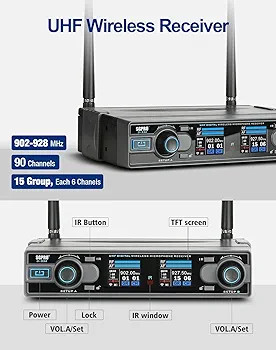 سیستم میکروفون بیسیم دستی دوگانه 262 فوتی، 90 فرکانس از پیش تعیینشده UHF، میکروفونهای بادی پک، سرپوشها و میکروفونهای Lavalier برای اجرای زنده، کارائوکه،آوازخوانی،مداحی و روضه خوانی(مناسب برای هیئت)، دیجی، برند SGPRO مدل D-332