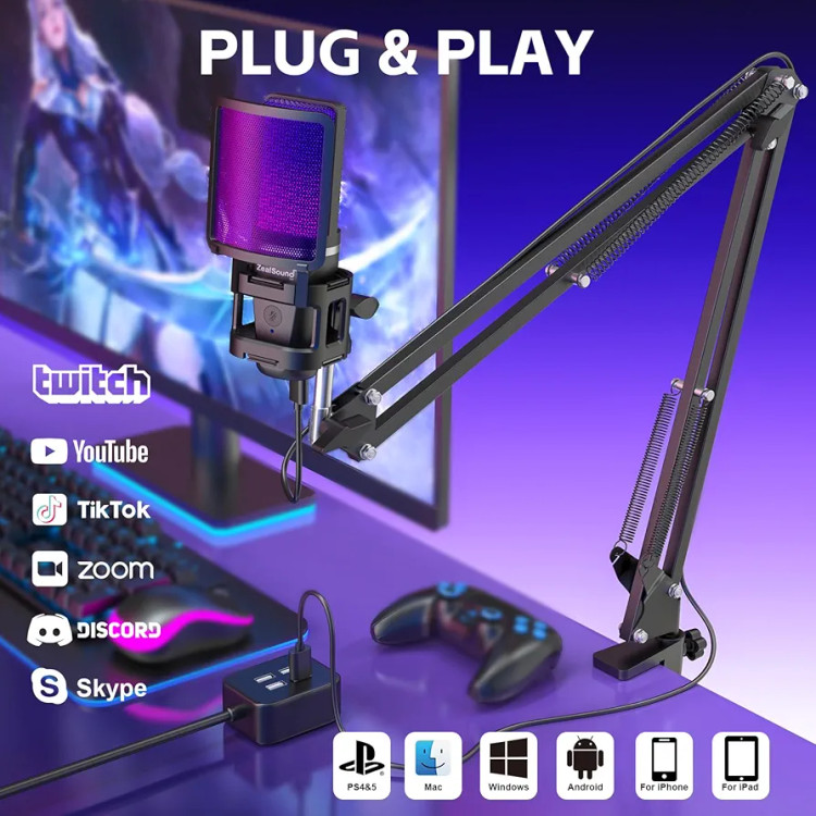 میکروفون گیمینگ USB ZealSound، میکروفون خازنی حذف نویز، میکروفون RGB با بی صدا، Gain، مانیتورینگ، Boom Arm، فیلتر پاپ برای تلفن، کامپیوتر، کامپیوتر، PS4، مدل A68S