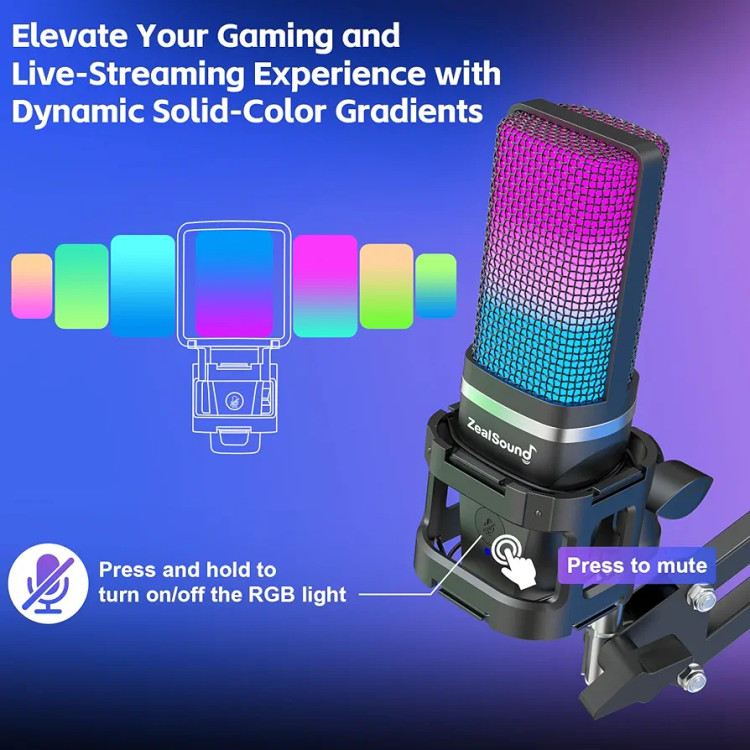 میکروفون گیمینگ USB ZealSound، میکروفون خازنی حذف نویز، میکروفون RGB با بی صدا، Gain، مانیتورینگ، Boom Arm، فیلتر پاپ برای تلفن، کامپیوتر، کامپیوتر، PS4، مدل A68S