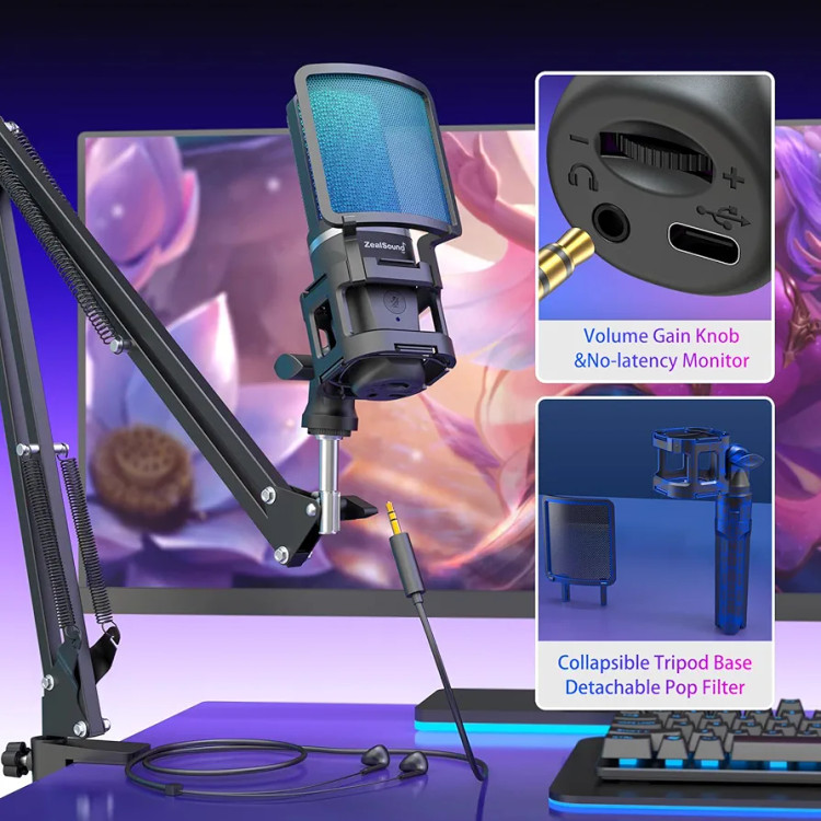 میکروفون گیمینگ USB ZealSound، میکروفون خازنی حذف نویز، میکروفون RGB با بی صدا، Gain، مانیتورینگ، Boom Arm، فیلتر پاپ برای تلفن، کامپیوتر، کامپیوتر، PS4، مدل A68S