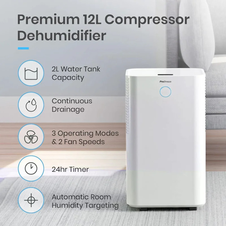دستگاه رطوبتگیر Pro Breeze با مخزن آب 2 لیتری و قابلیت رطوبت گیری 12 لیتر در روز،دارای شلنگ مخصوص هدایت آب مخزن به بیرون،مدل PB-18-AE.