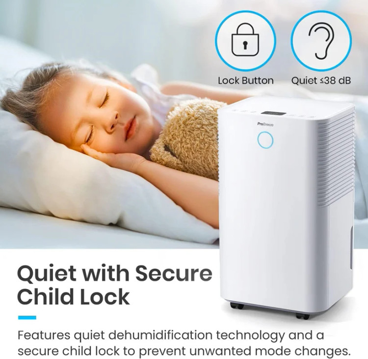 دستگاه رطوبتگیر Pro Breeze با مخزن آب 2 لیتری و قابلیت رطوبت گیری 12 لیتر در روز،دارای شلنگ مخصوص هدایت آب مخزن به بیرون،مدل PB-18-AE.